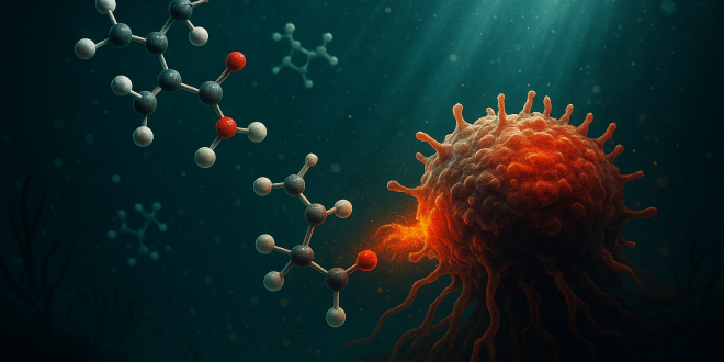 Illusztrált kiemelt kép: cukormolekula és daganatos sejt tengerfenéken